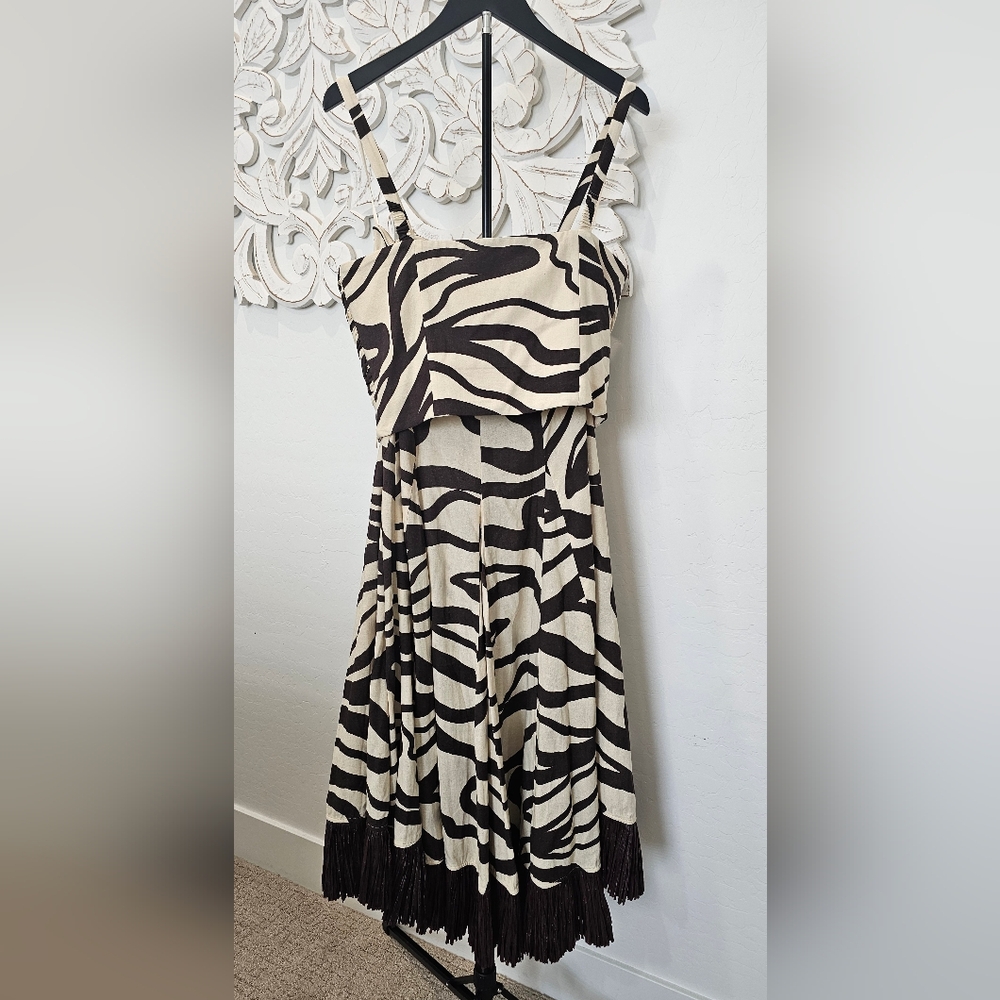 ANTONIO MELANI Beige/Brown Linen Print Maxi Dress w/Fringe Hem Womens Sz 10 2 Pc - Picture 4 of 11